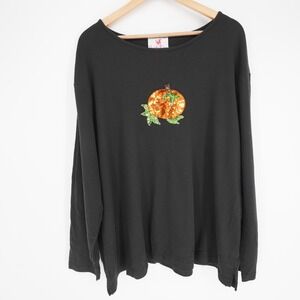 Quacker Factory Pumpkin Halloween T Shirt Womens 3X Black Sequins Cotton Fall